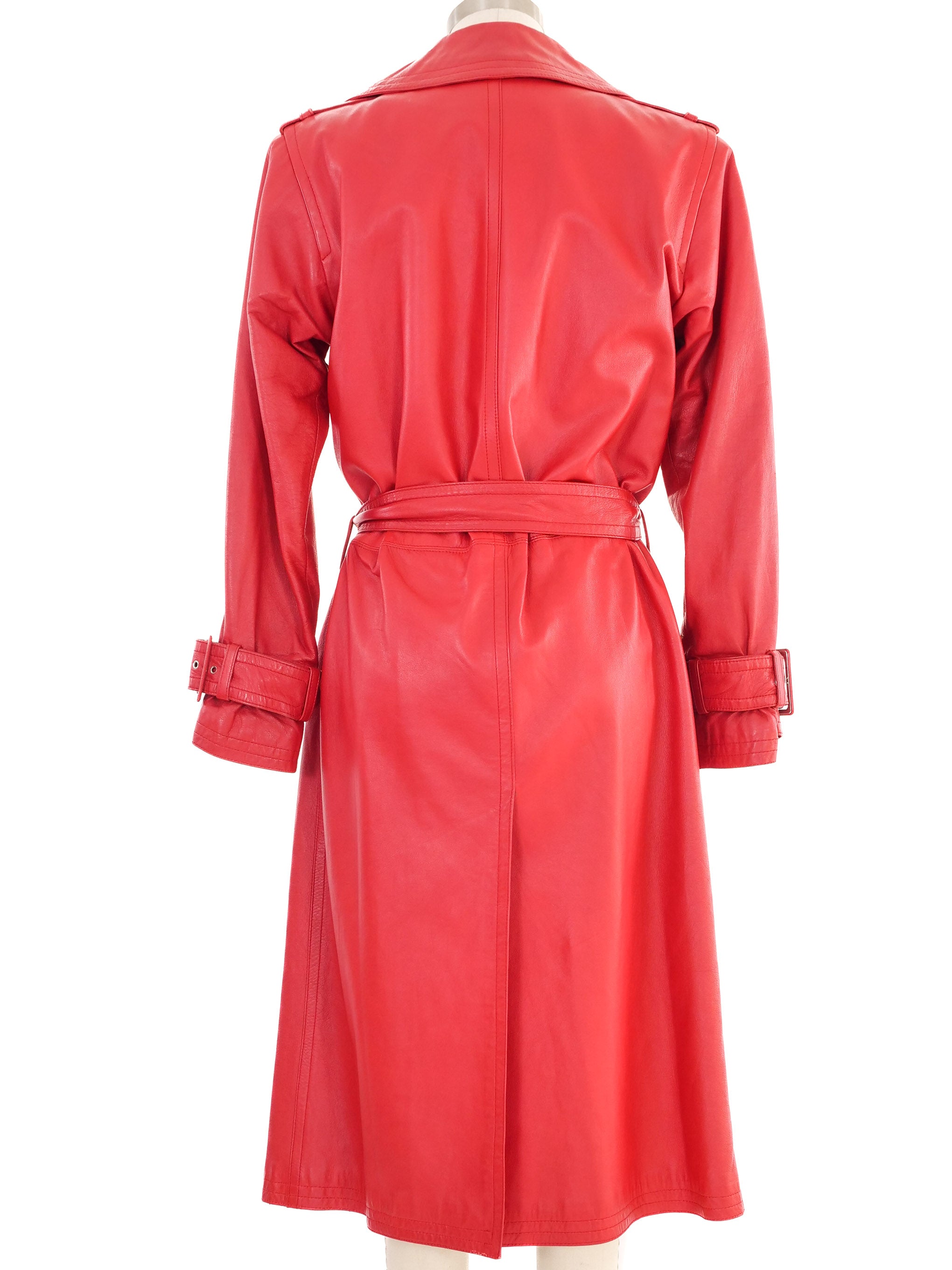 1980s Yves Saint Laurent Red Leather Belted Trench Coat