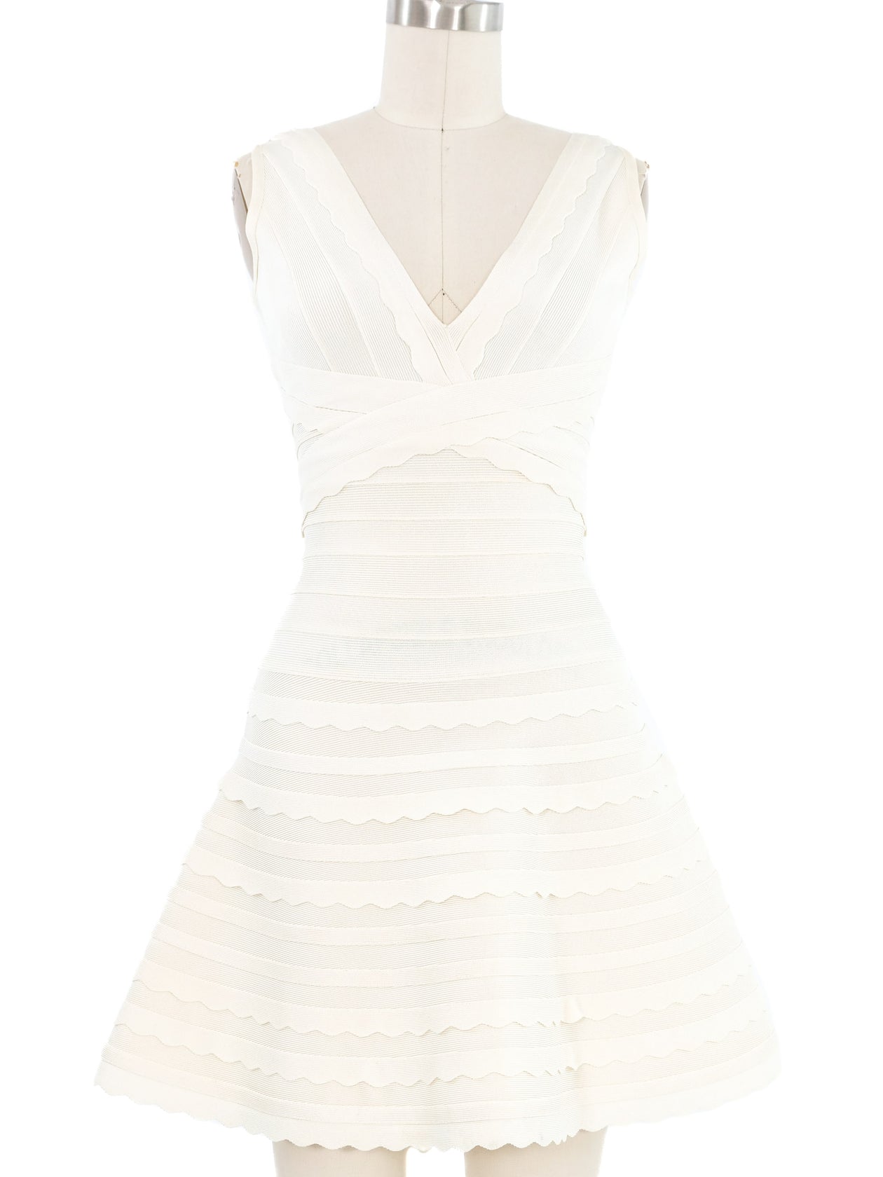 Herve Leger Ivory Scalloped Flare Dress