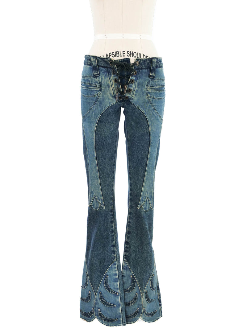 Henry Duarte Lace Up Low Rise Pieced Flared Denim Bottom arcadeshops.com