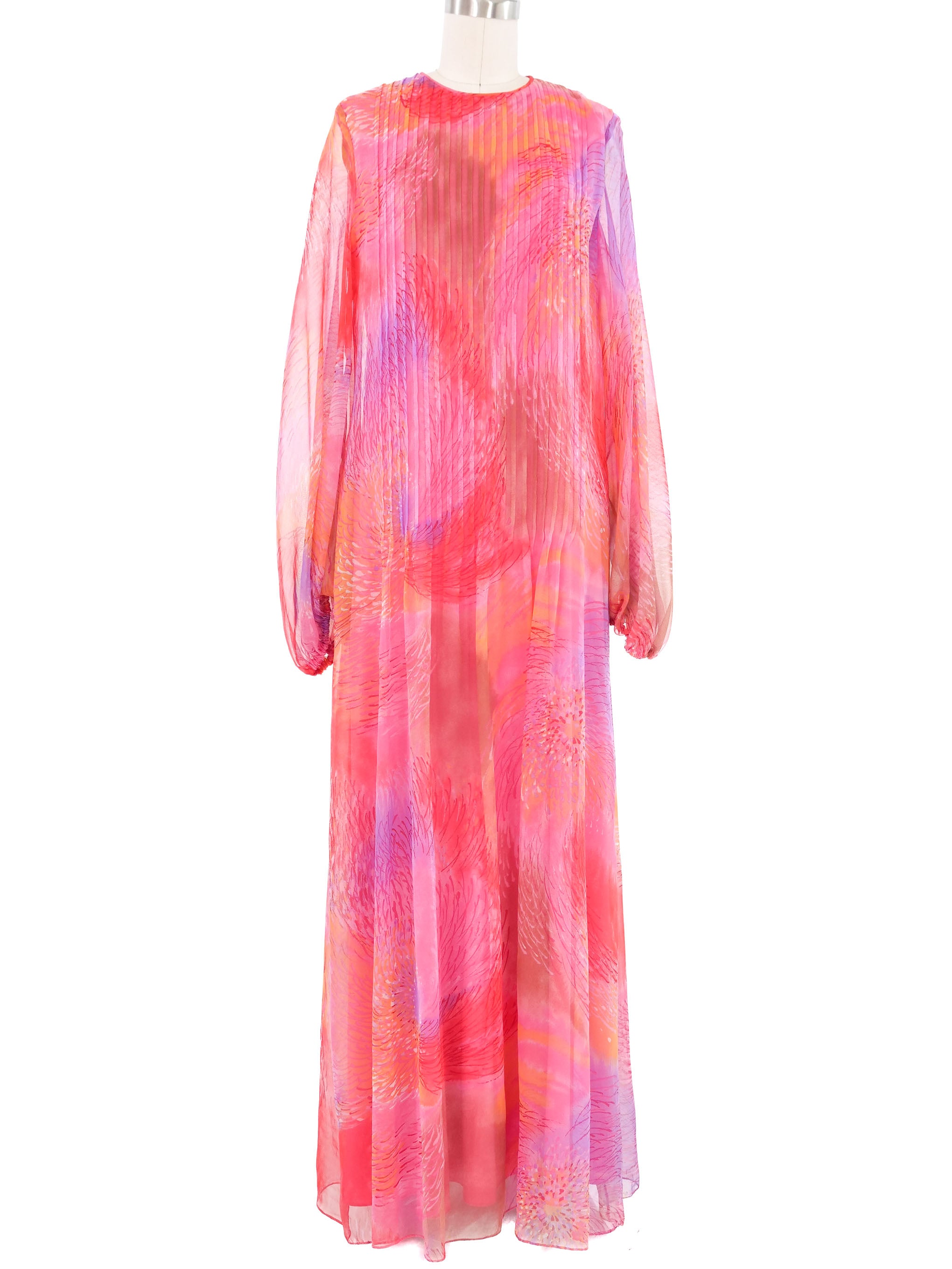  特価ブログのポータルサイト 1970s Pink Chiffon Abstract Print Maxi Dress 邦楽