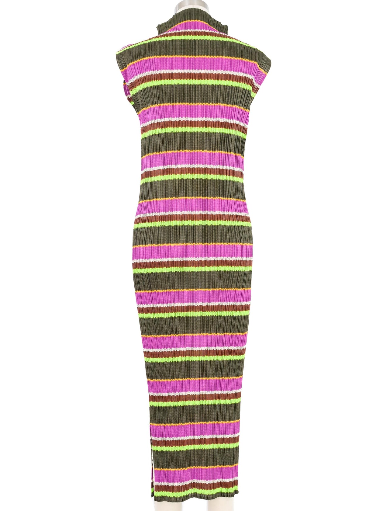 Issey Miyake High Neck Neon Striped Pleated Dress