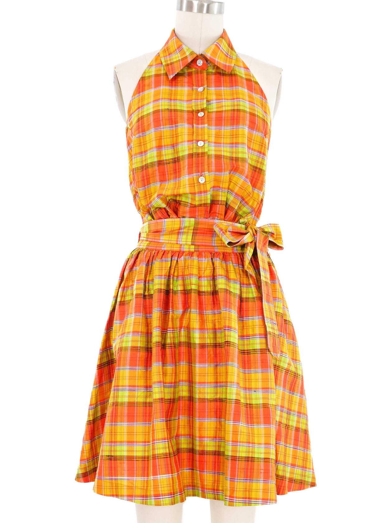 Plaid Silk Wrap Halter Dress