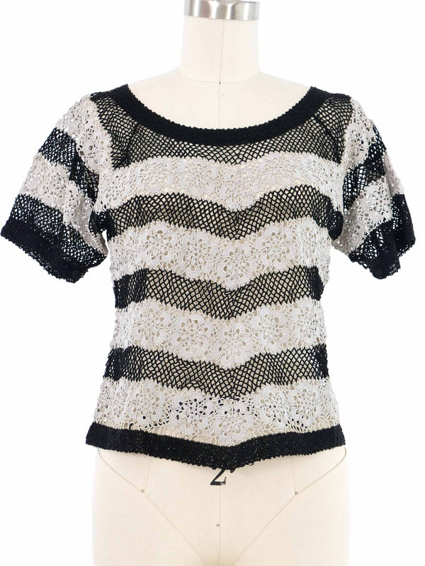 Black and Grey Striped Floral Crochet Top Top arcadeshops.com