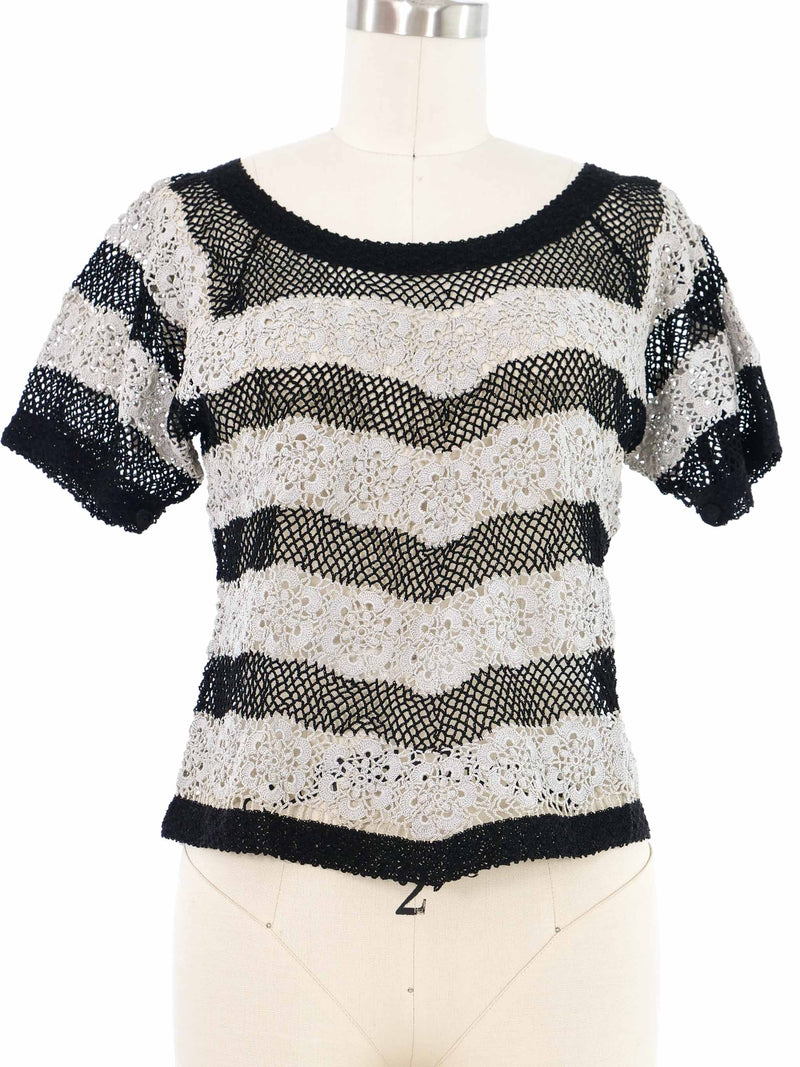 Black and Grey Striped Floral Crochet Top Top arcadeshops.com