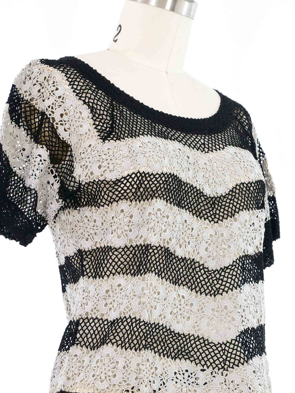 Black and Grey Striped Floral Crochet Top Top arcadeshops.com