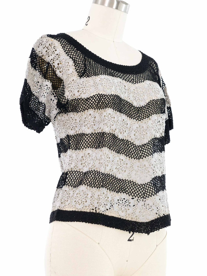 Black and Grey Striped Floral Crochet Top Top arcadeshops.com