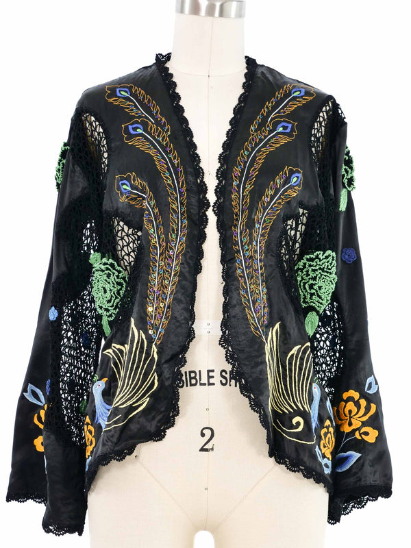 Peacock Embroidered Silk Crochet Cardigan Jacket arcadeshops.com