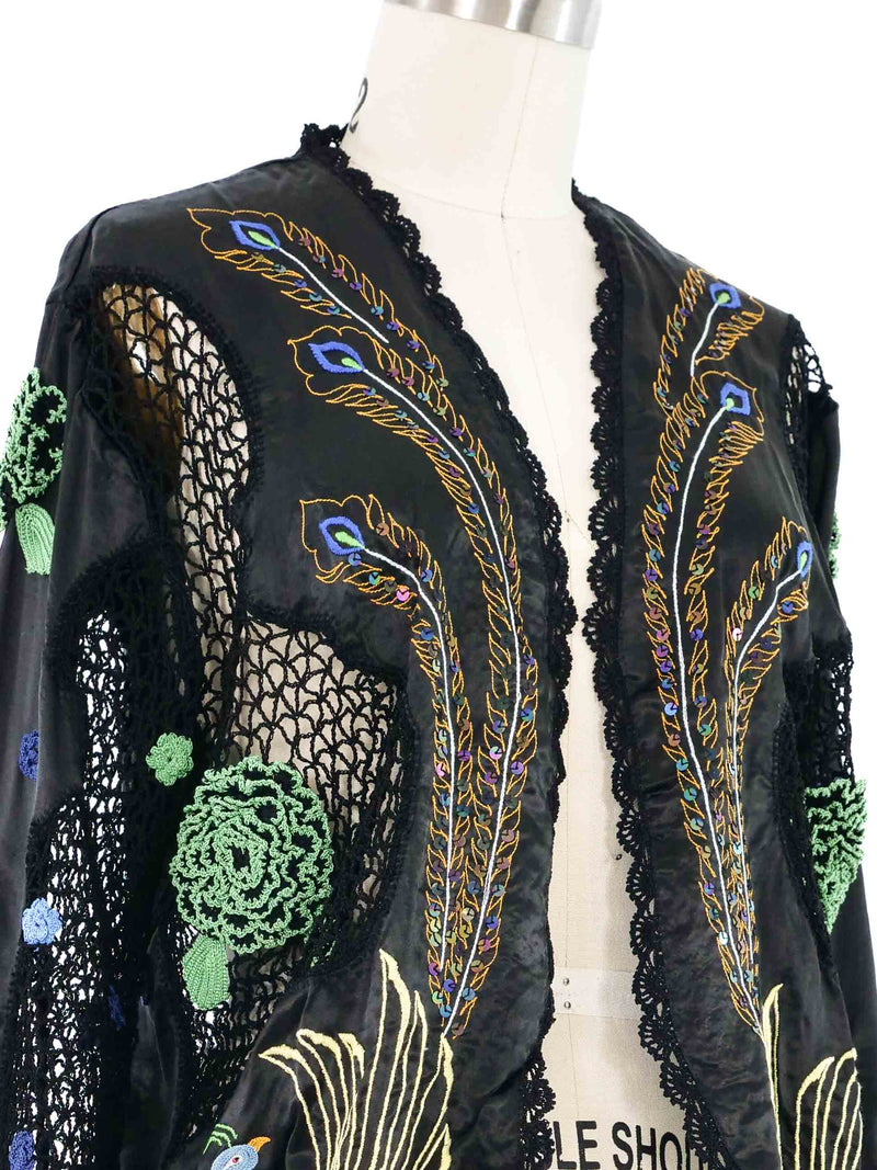 Peacock Embroidered Silk Crochet Cardigan Jacket arcadeshops.com