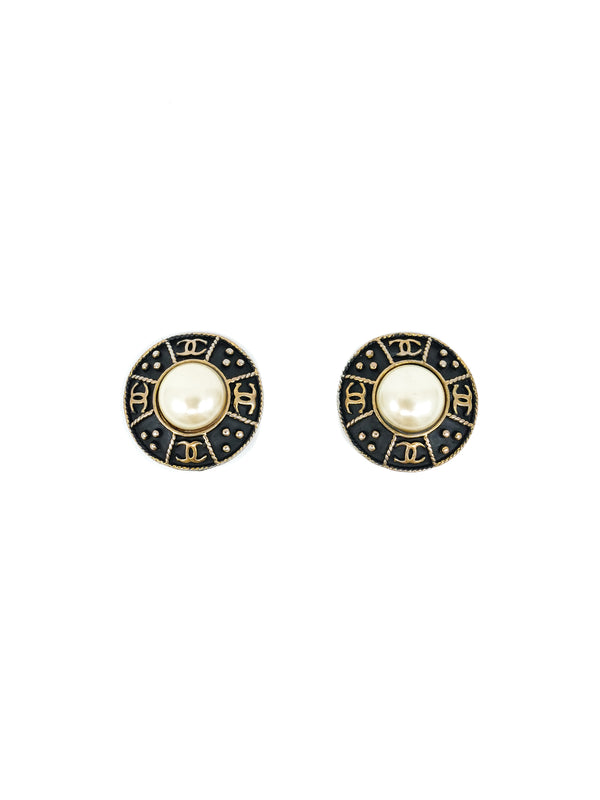 Chanel Patinated Bronze and Pearl Logo Medallion Earrings Accessory arcadeshops.com
