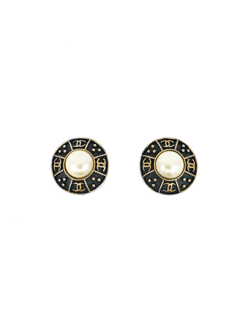 Chanel Patinated Bronze and Pearl Logo Medallion Earrings Accessory arcadeshops.com