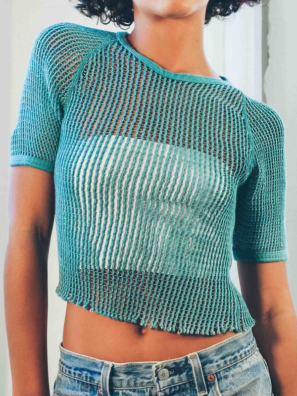 1970s Teal Czech Military Mesh Cropped Tee T-shirt arcadeshops.com