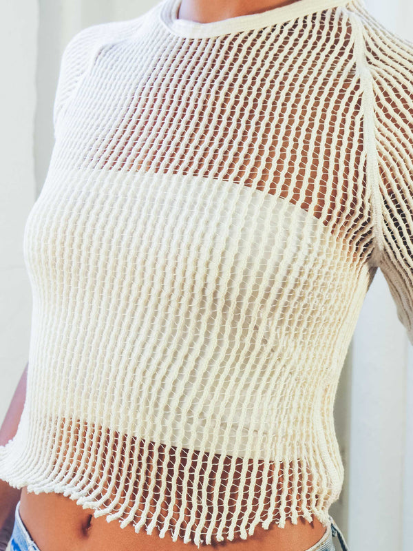 1970s Cream Czech Mesh Military Cropped Tee Top arcadeshops.com