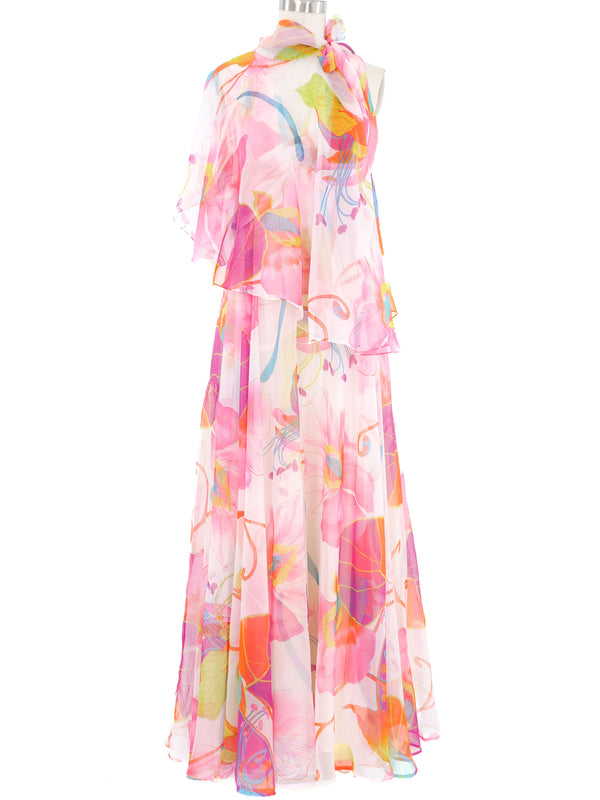 1970s Floral Printed Chiffon Maxi Dress and Shawl Dress arcadeshops.com