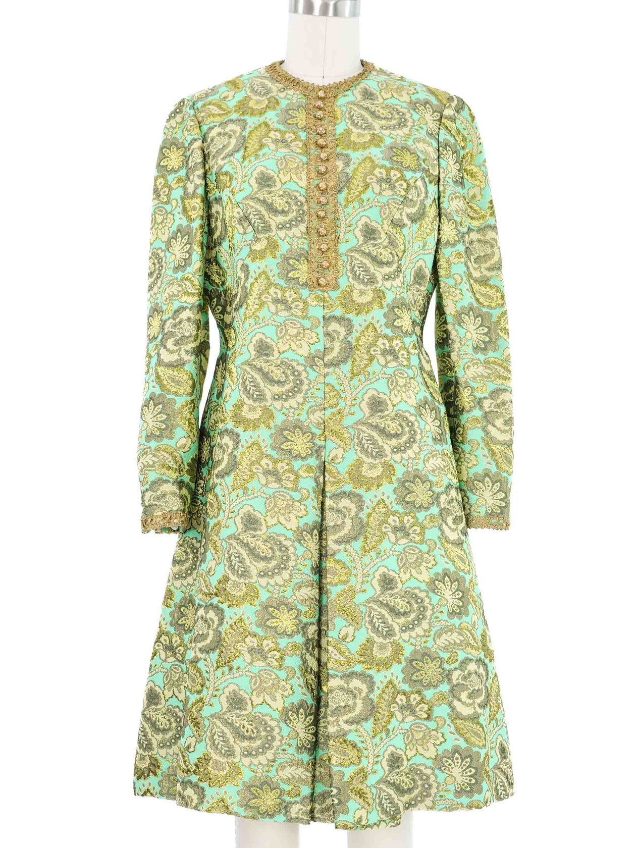 Adele Simpson Metallic Floral Brocade Pleat Front Dress