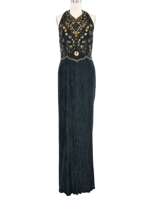 Mary McFadden Embellished Black Plisse Halter Gown Dress arcadeshops.com