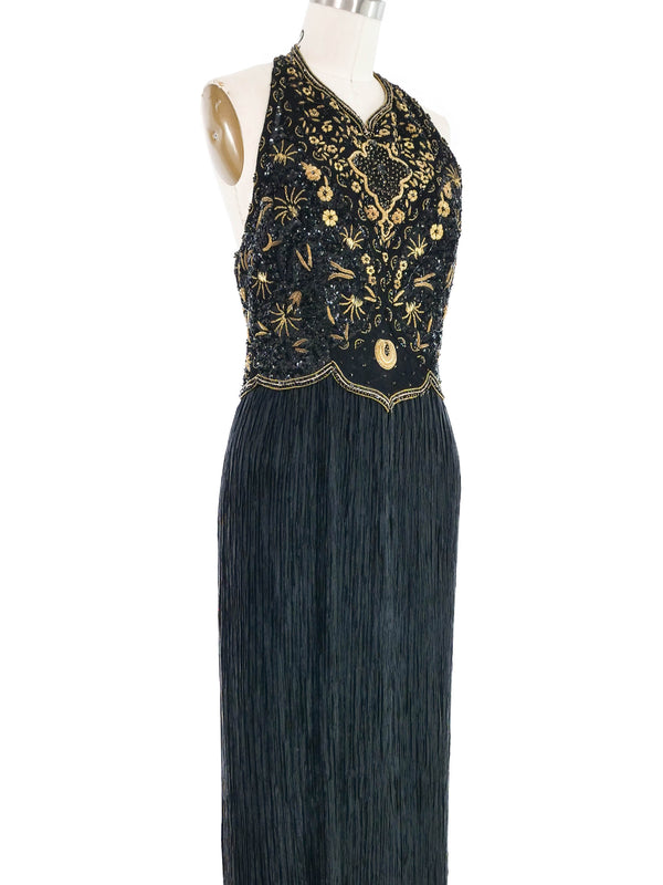 Mary McFadden Embellished Black Plisse Halter Gown Dress arcadeshops.com