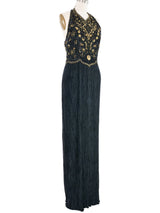 Mary McFadden Embellished Black Plisse Halter Gown Dress arcadeshops.com