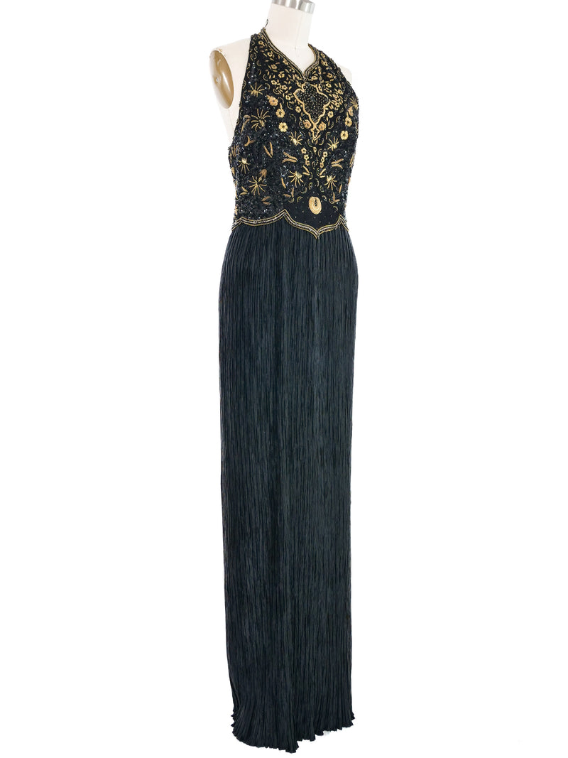 Mary McFadden Embellished Black Plisse Halter Gown Dress arcadeshops.com