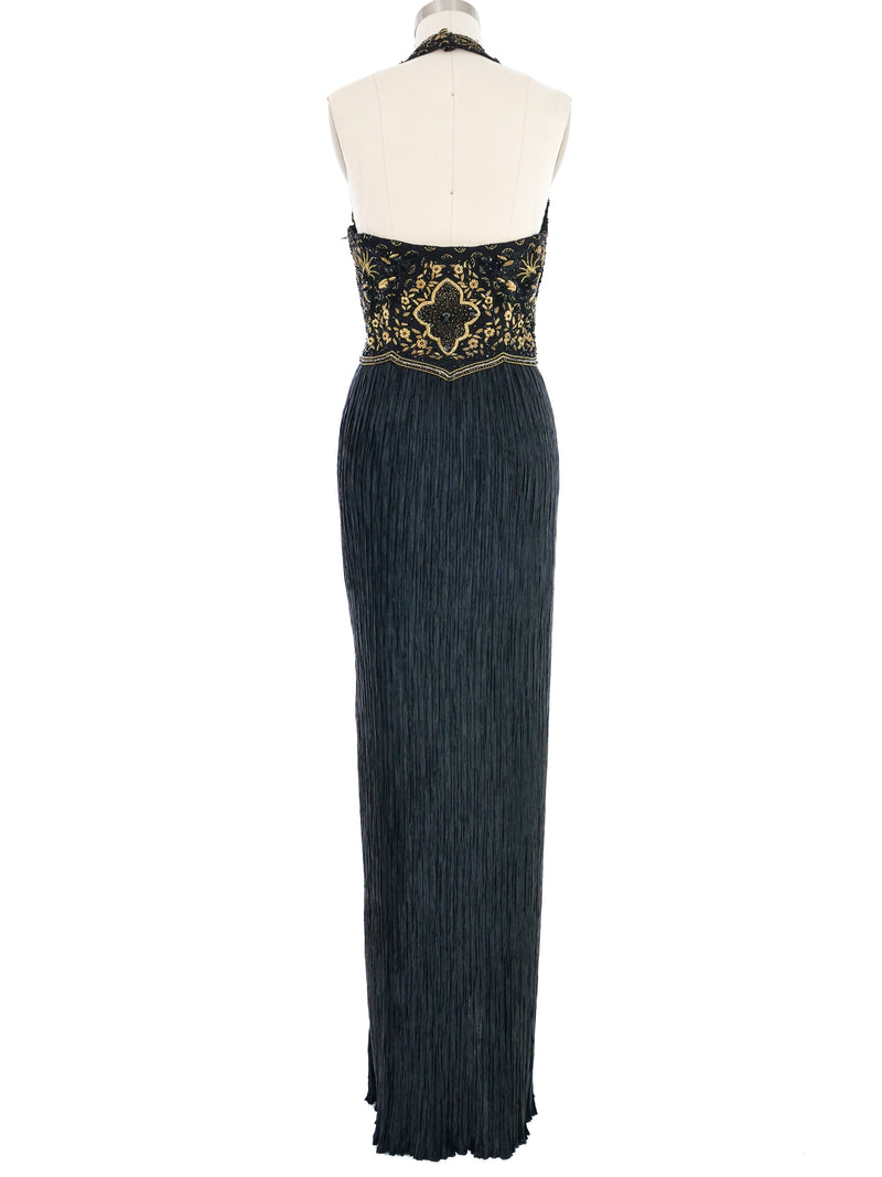 Mary McFadden Embellished Black Plisse Halter Gown Dress arcadeshops.com
