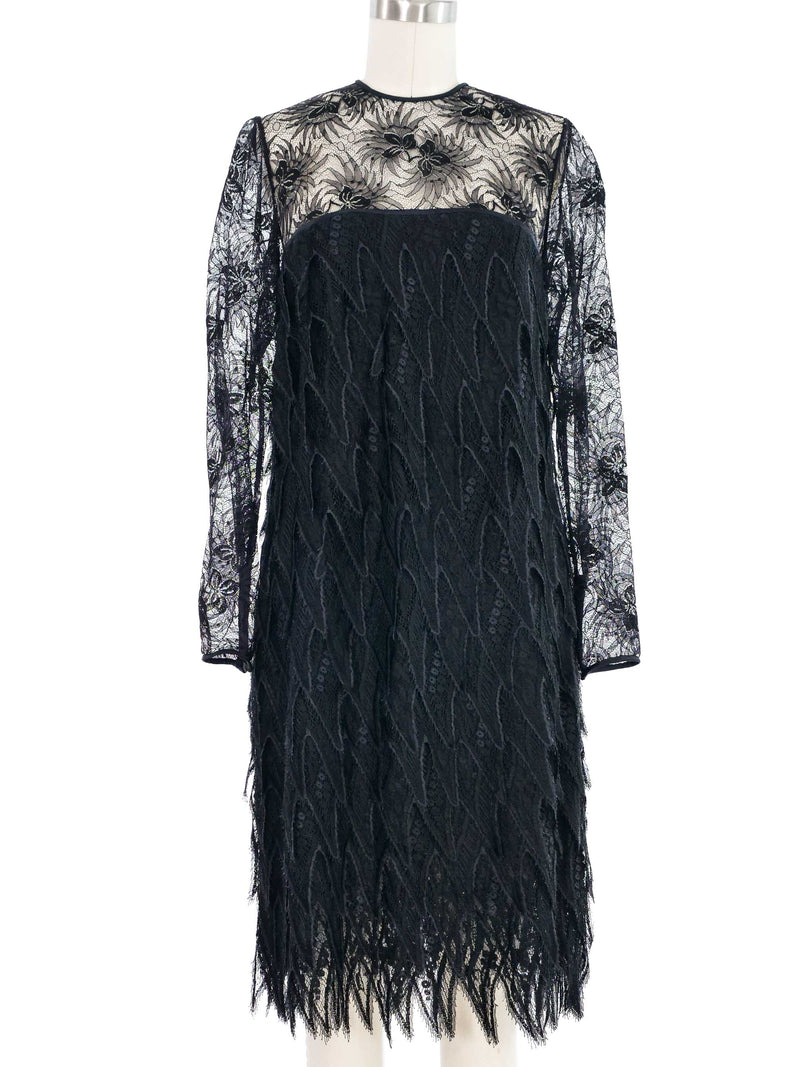Galanos Black Tiered Mesh Lace Dress Dress arcadeshops.com