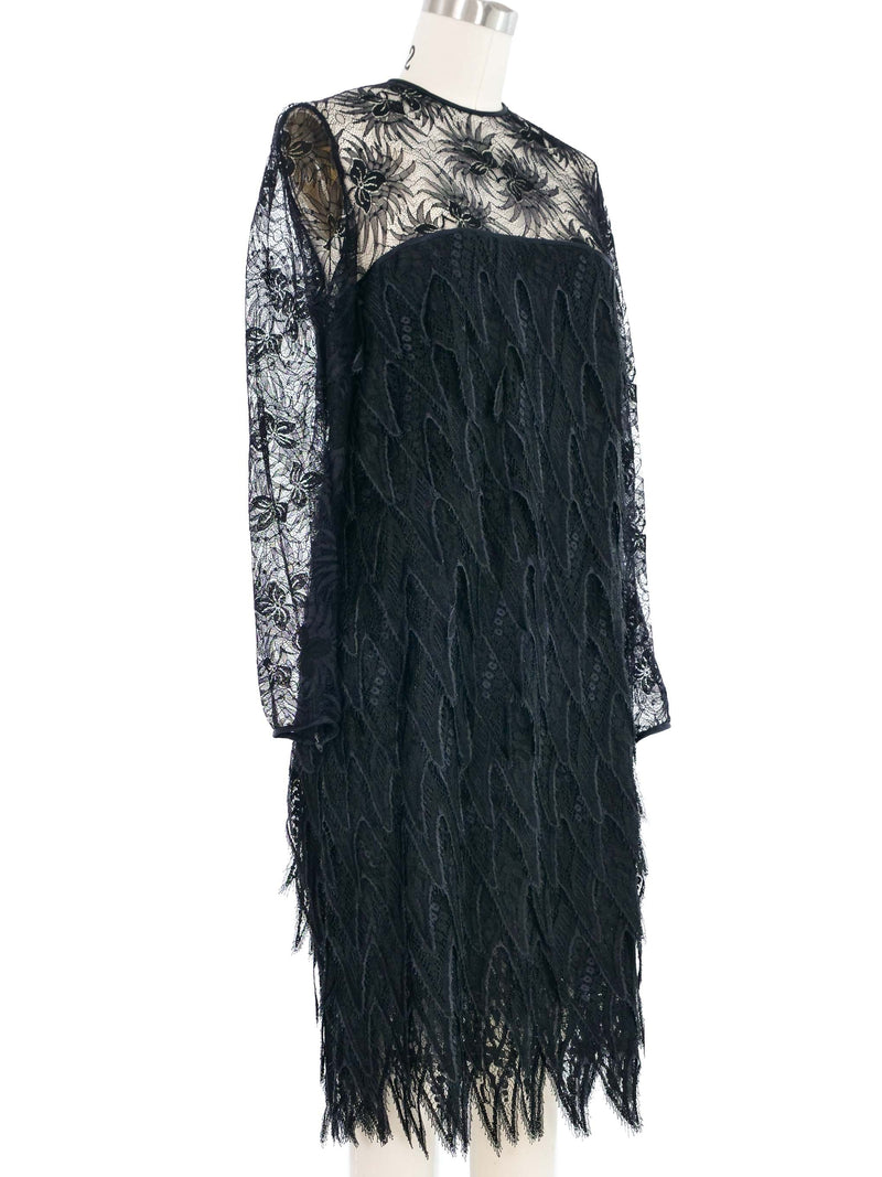 Galanos Black Tiered Mesh Lace Dress Dress arcadeshops.com