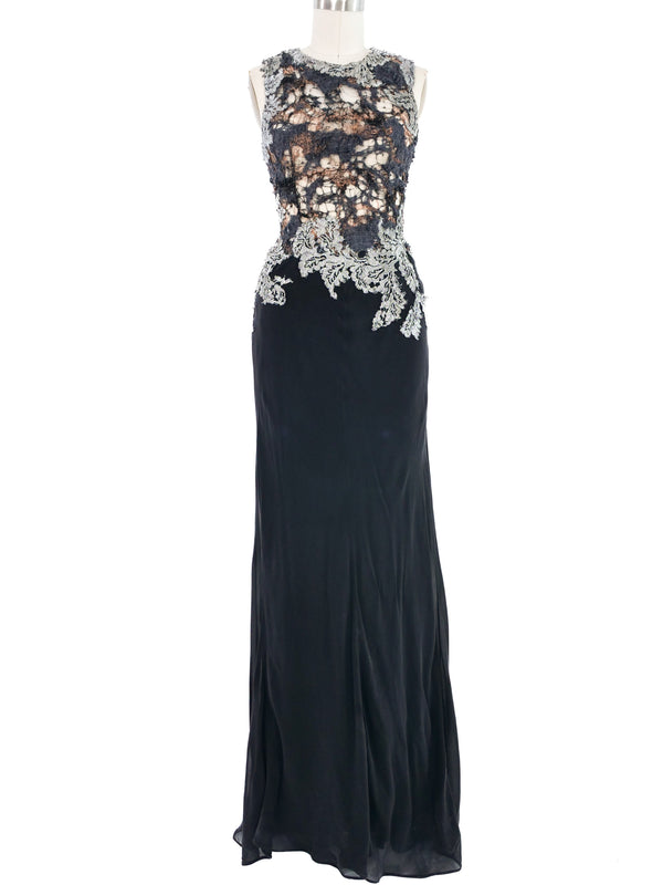 Metallic Open Knit Bodice Gown Dress arcadeshops.com