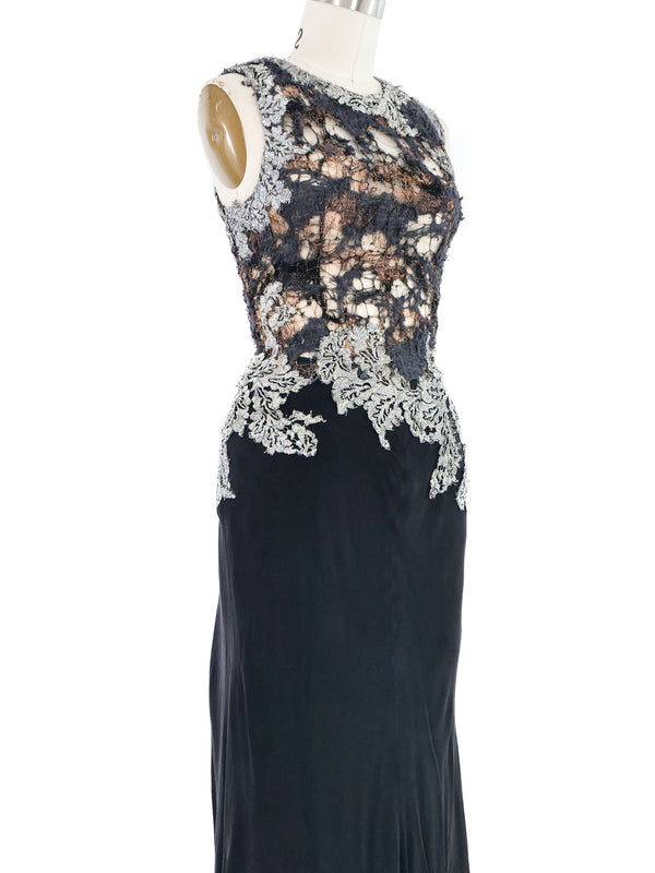 Metallic Open Knit Bodice Gown Dress arcadeshops.com