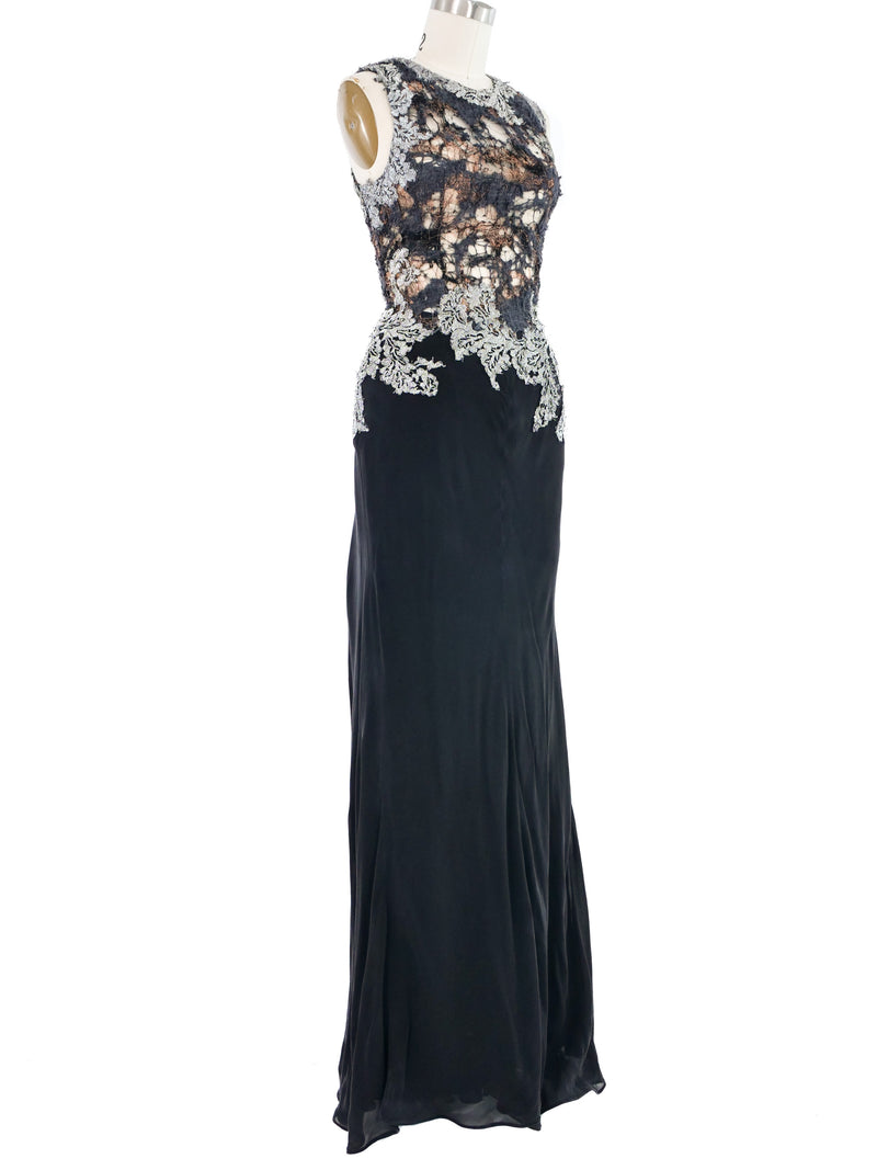 Metallic Open Knit Bodice Gown Dress arcadeshops.com
