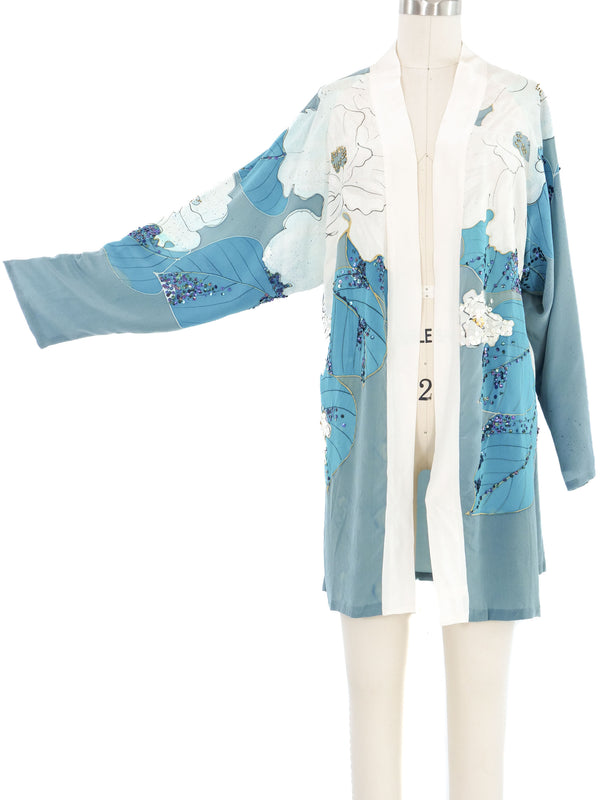 Embellished Hand Painted Blue Floral Top Top arcadeshops.com