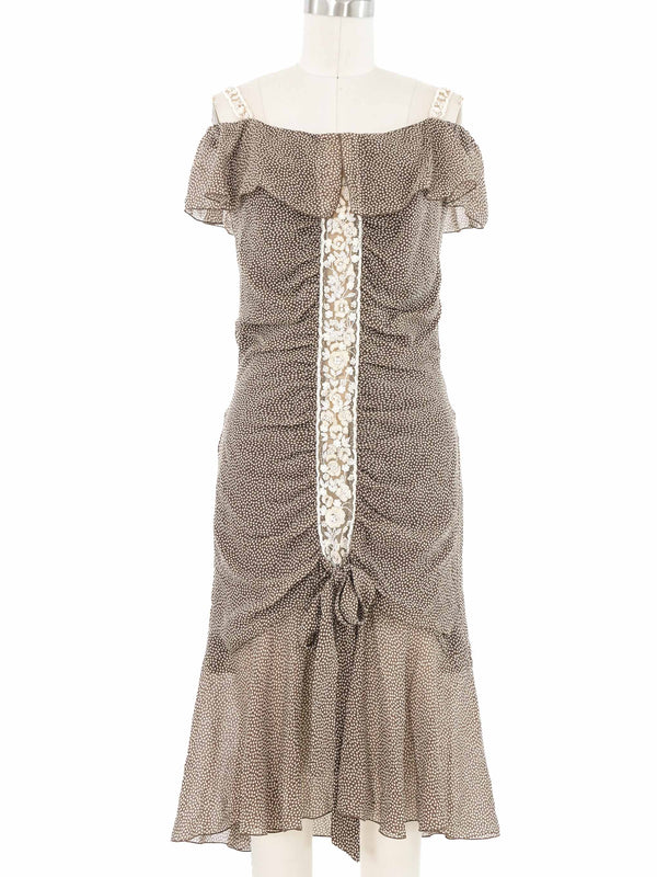 2000s Valentino Dot Print Off Shoulder Silk Dress