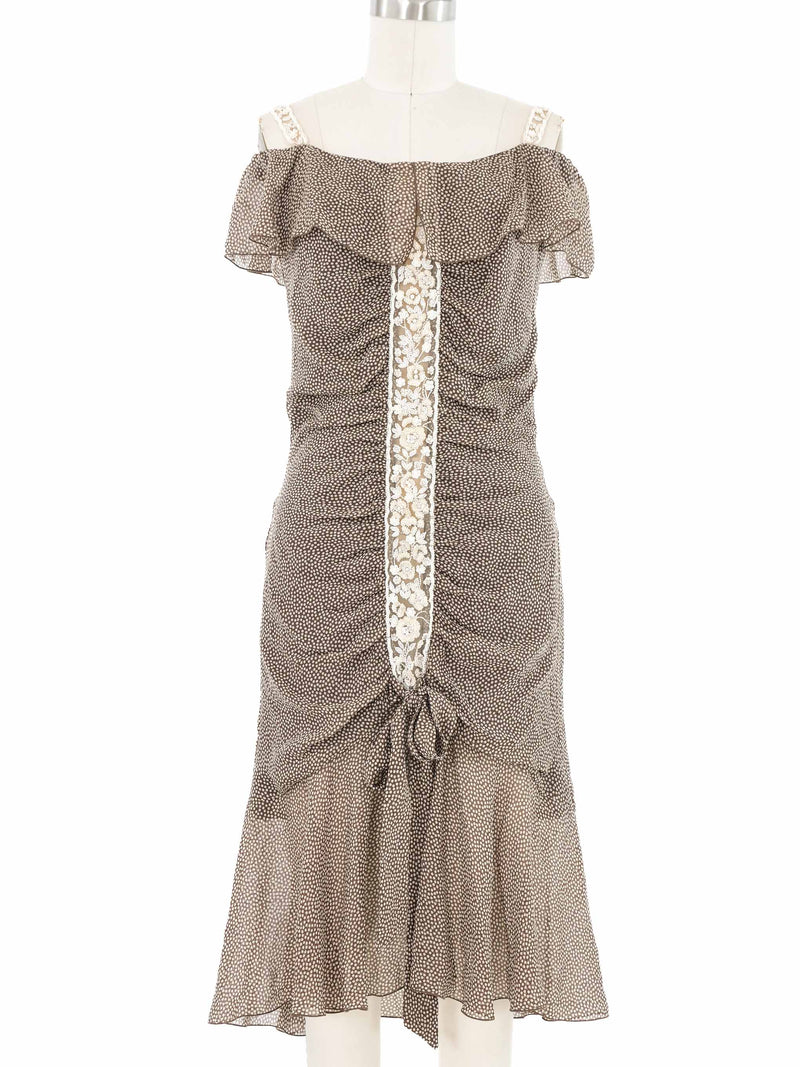 2000s Valentino Dot Print Off Shoulder Silk Dress