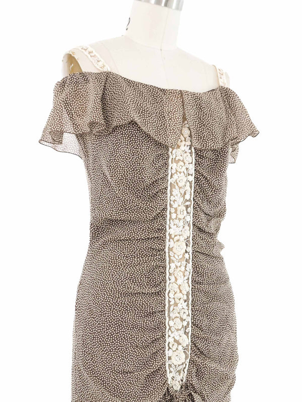 2000s Valentino Dot Print Off Shoulder Silk Dress