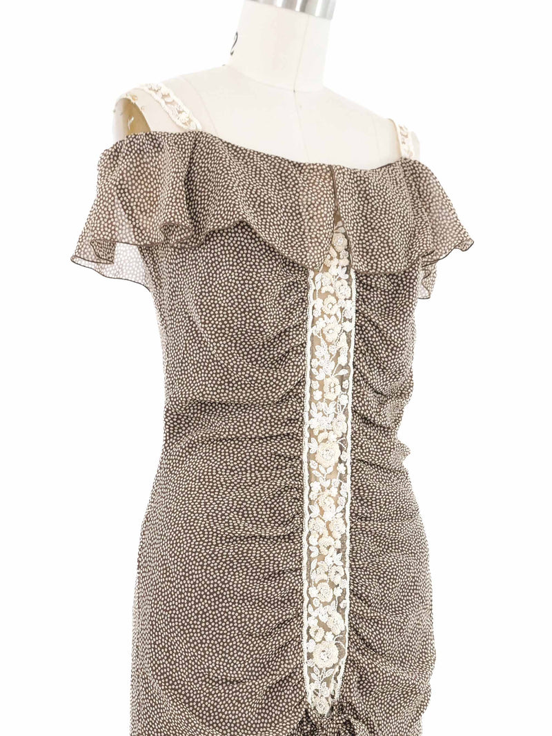 2000s Valentino Dot Print Off Shoulder Silk Dress