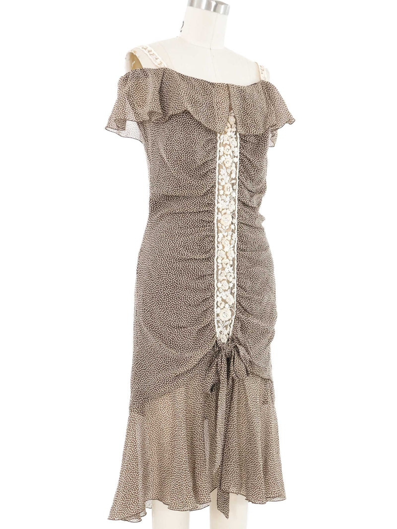 2000s Valentino Dot Print Off Shoulder Silk Dress