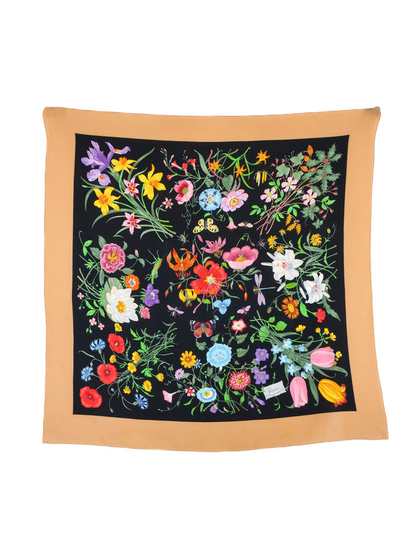 Gucci Flora Beige and Black Silk Scarf