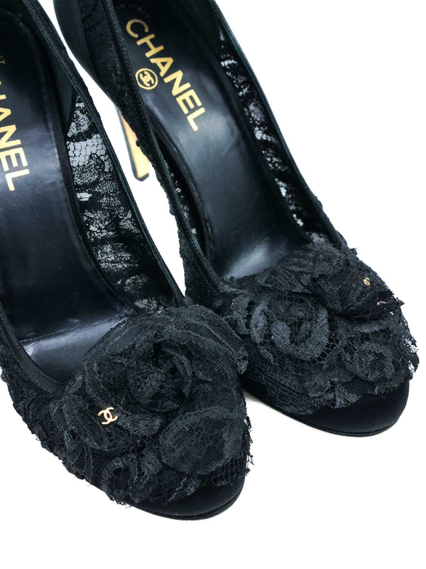 Chanel Black Lace Camellia Heels, 39 Accessory arcadeshops.com
