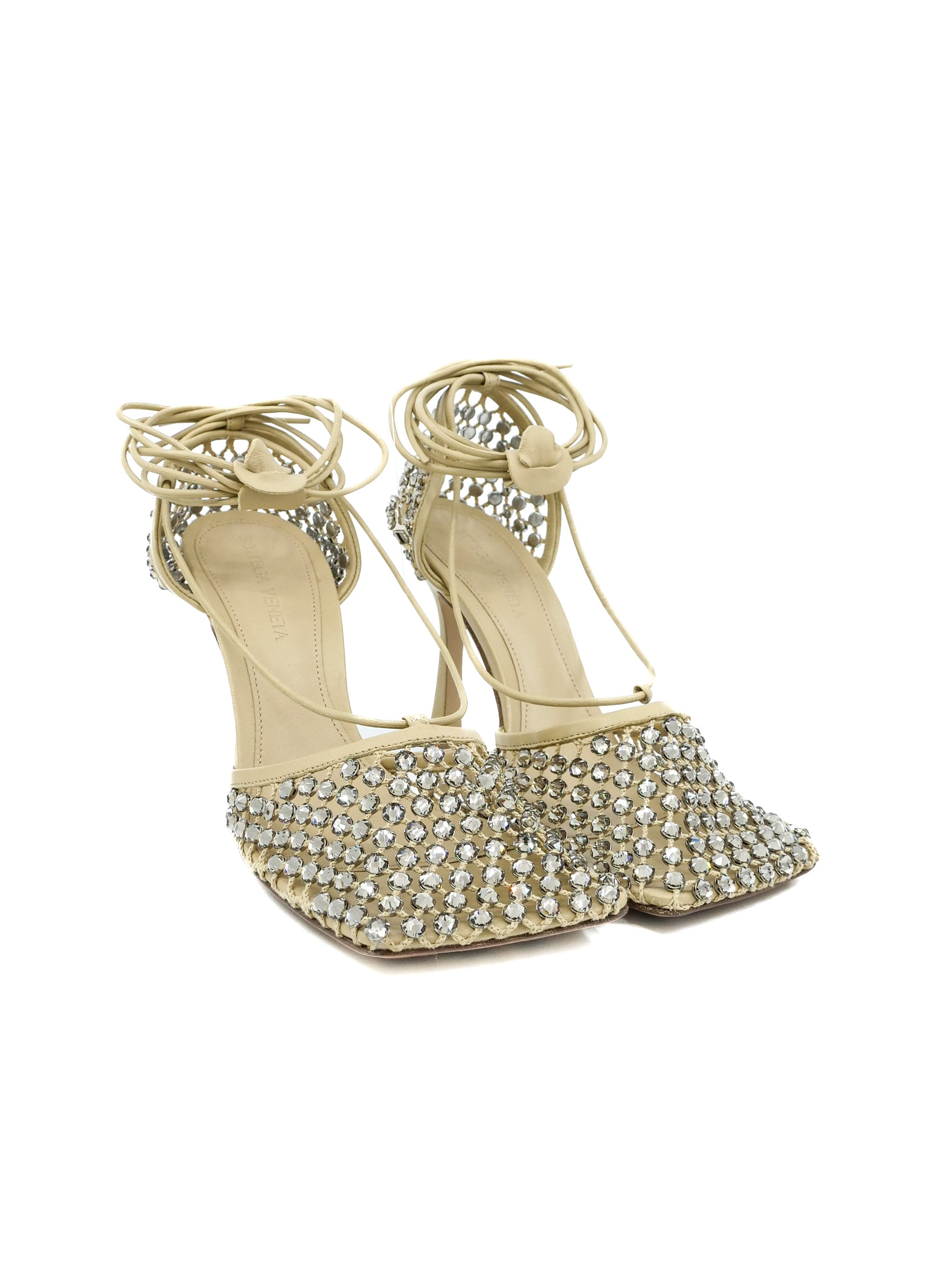 BOTTEGA VENETA ベージュ クロスストラップサンダル　サイズ43 New Bottega Veneta Stretch Chain Mesh Beige Leather Square