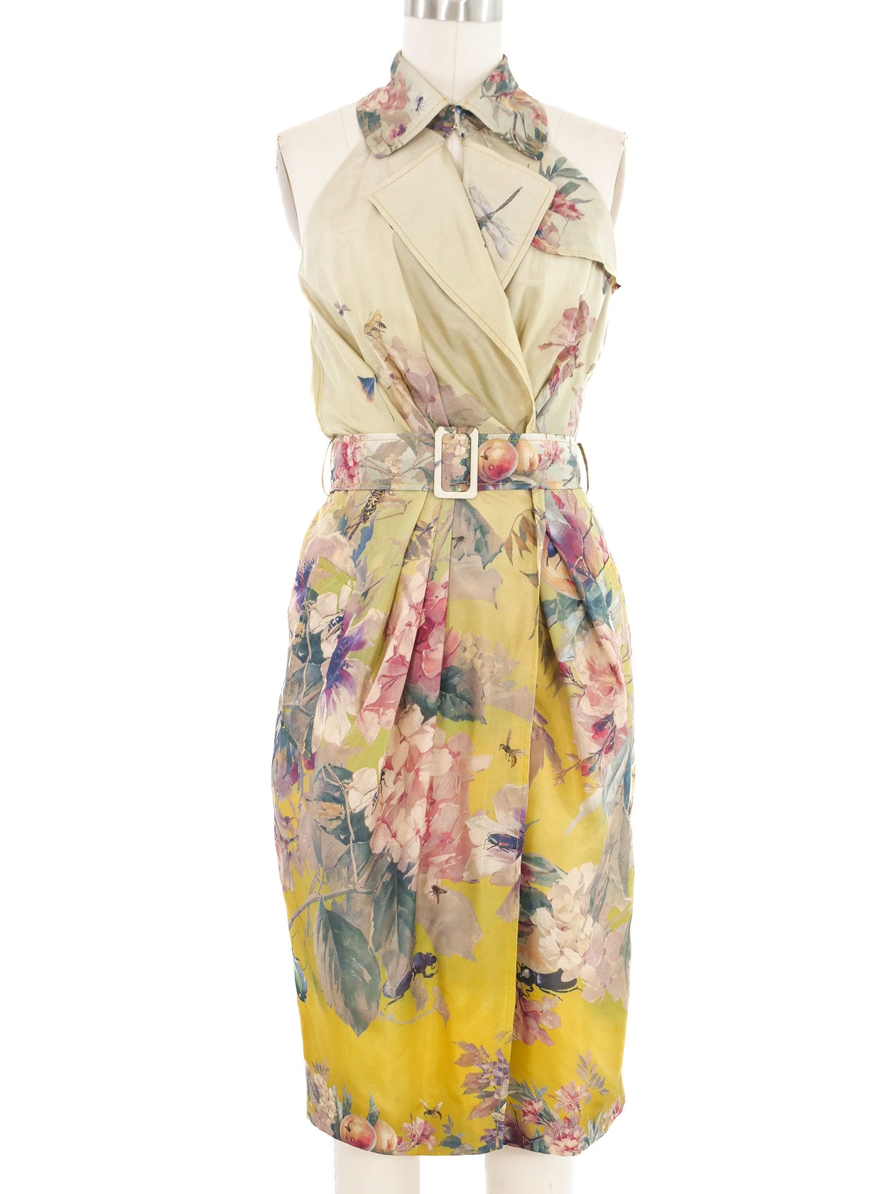 Jean Paul Gaultier Floral Print Green Silk Wrap Dress