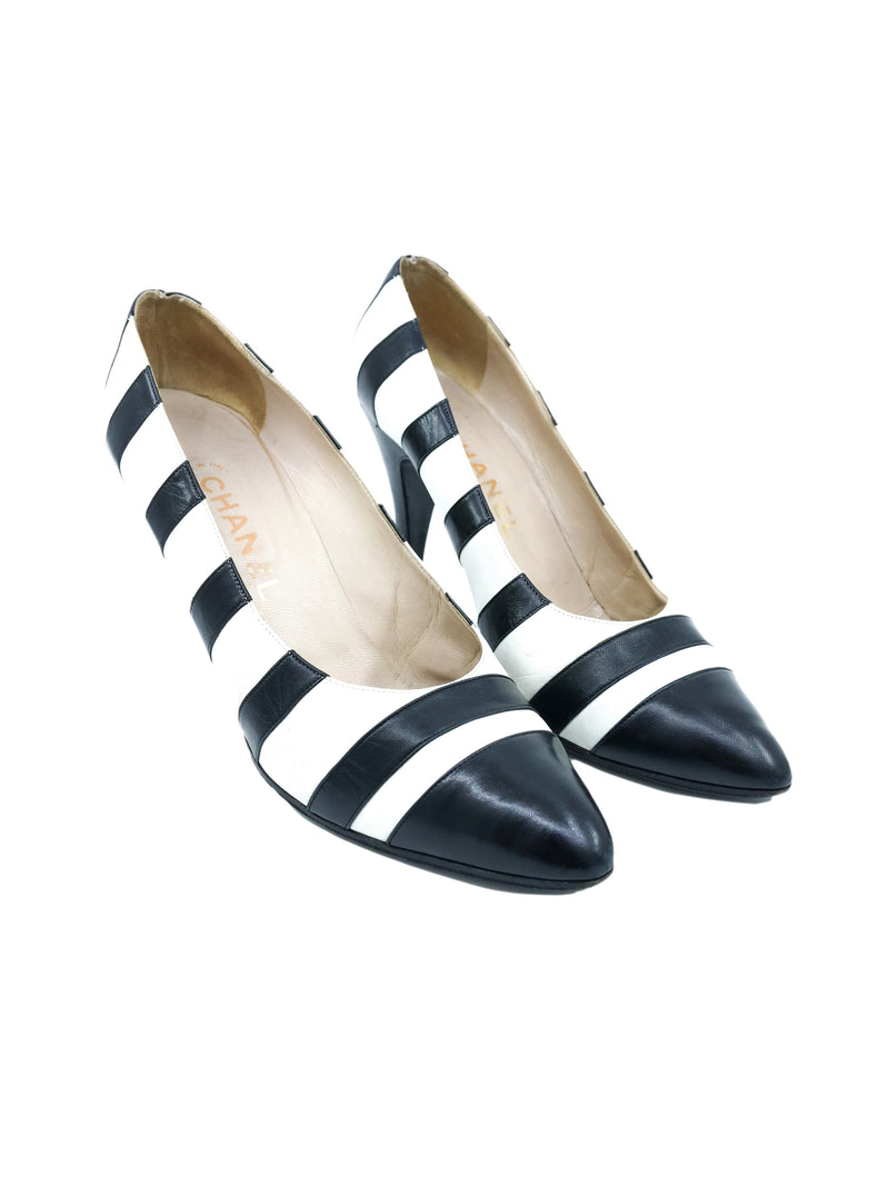 Chanel Stripe Leather Cap Toe Heels, 38.5 Accessory arcadeshops.com