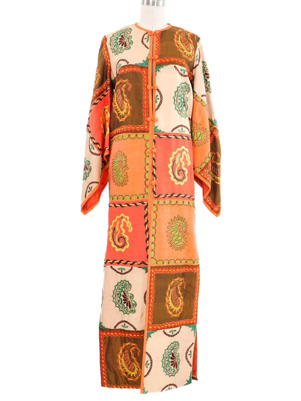 1970s Embroidered Satin Angel Sleeve Caftan