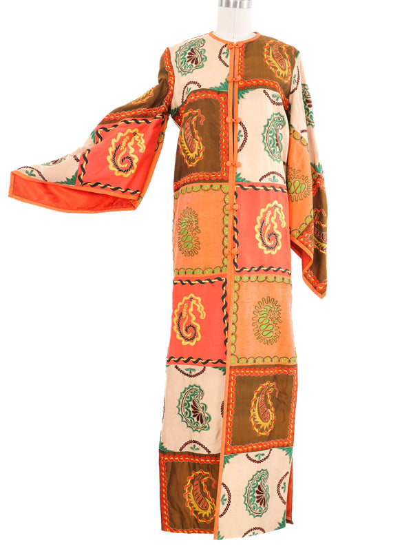 1970s Embroidered Satin Angel Sleeve Caftan
