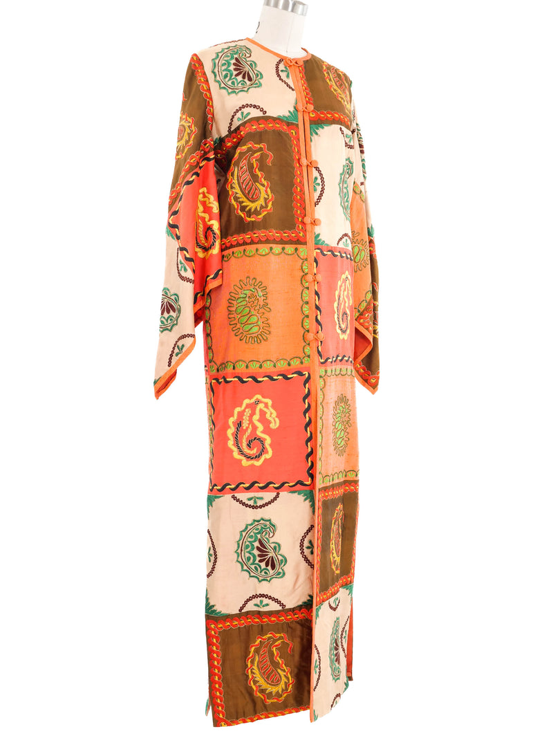 1970s Embroidered Satin Angel Sleeve Caftan