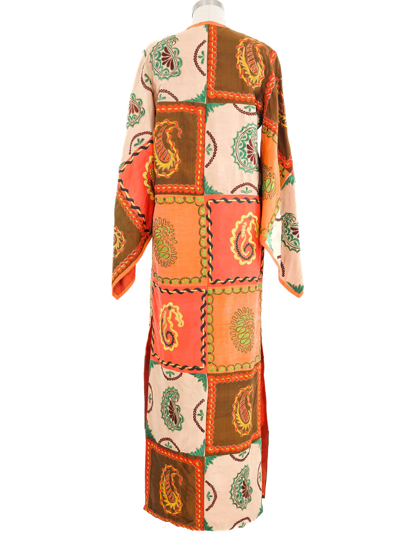 1970s Embroidered Satin Angel Sleeve Caftan