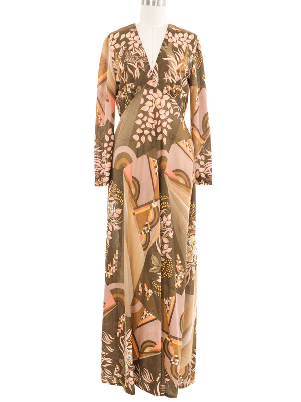 1970s Victor Costa Autumnal Floral Maxi Dress