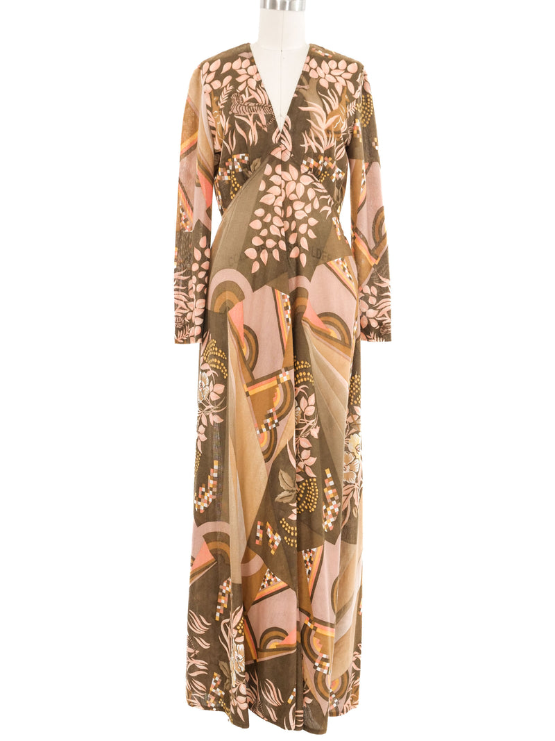 1970s Victor Costa Autumnal Floral Maxi Dress
