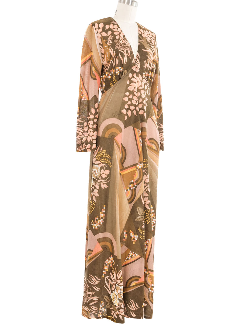 1970s Victor Costa Autumnal Floral Maxi Dress