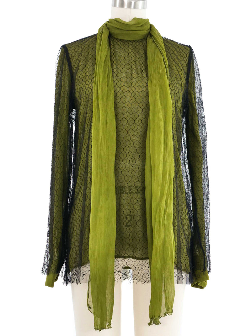 2015 Gucci Net Overlay Green Silk Top