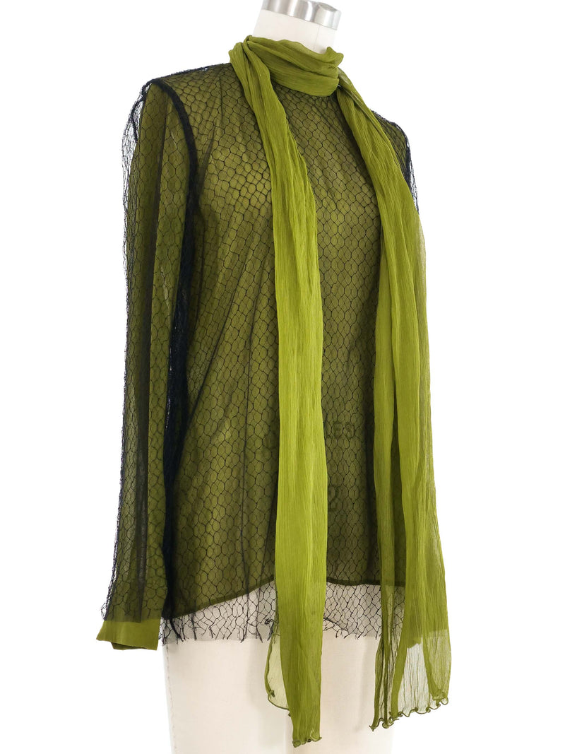 2015 Gucci Net Overlay Green Silk Top
