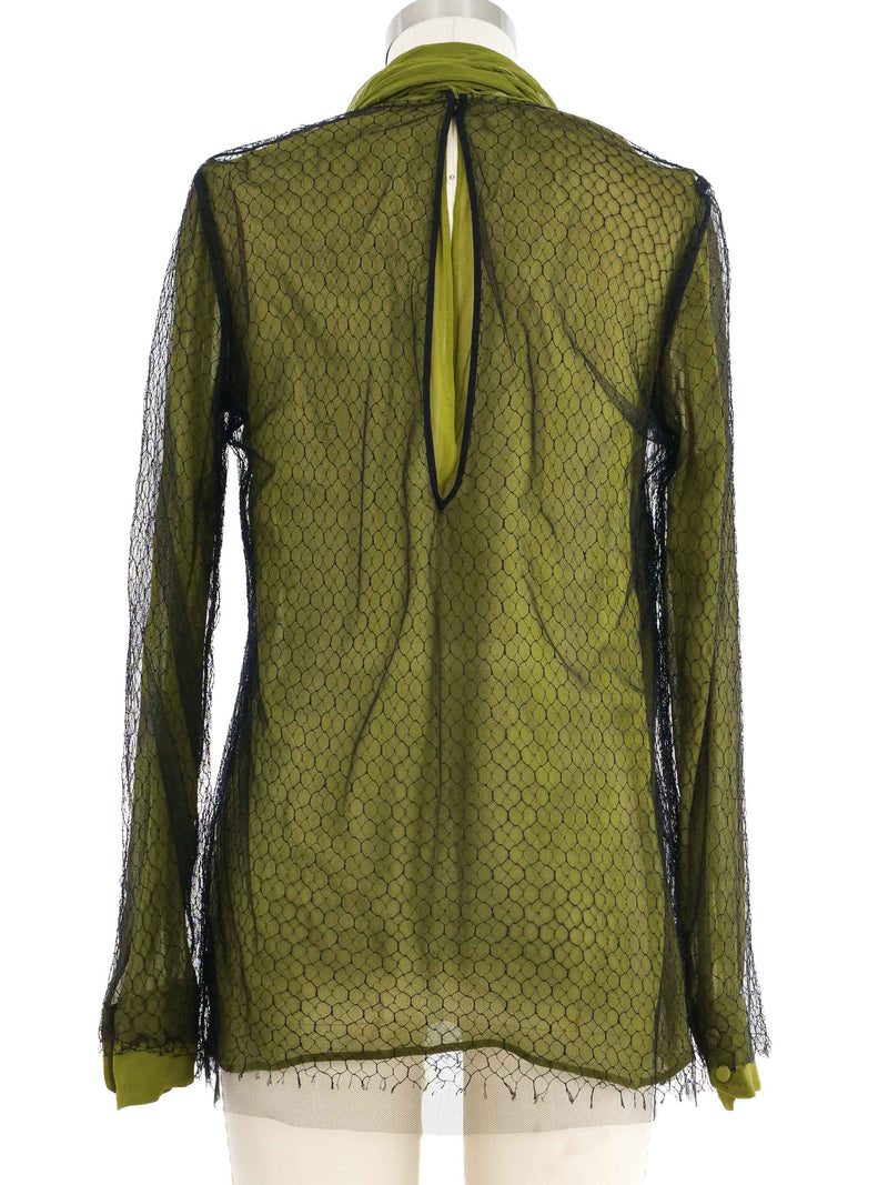 2015 Gucci Net Overlay Green Silk Top