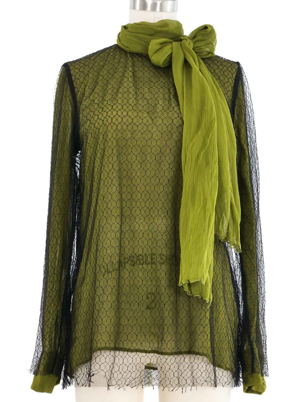2015 Gucci Net Overlay Green Silk Top
